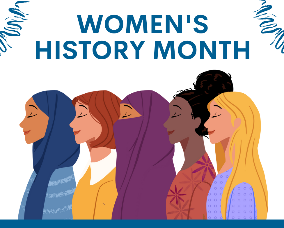 illustrated women of many ethnicities with the phrase women's history month