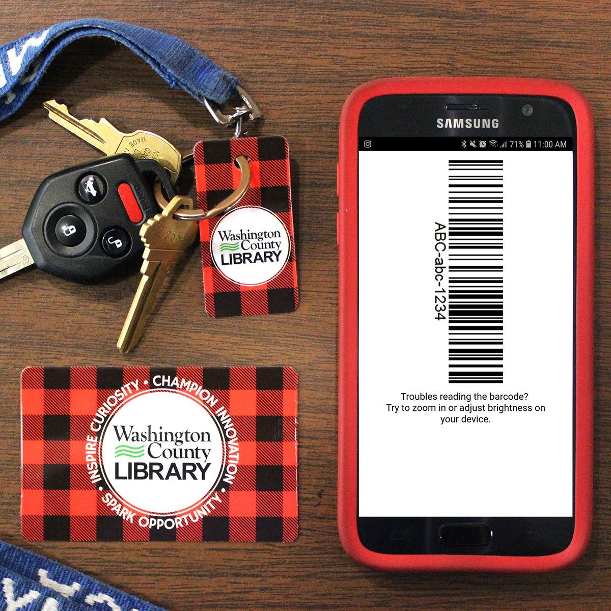 library card on keychain, normal card, and on a phone
