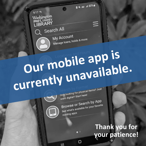 black and white image of hand holing a phone. Text reads: Our mobile app is currently unavailable.