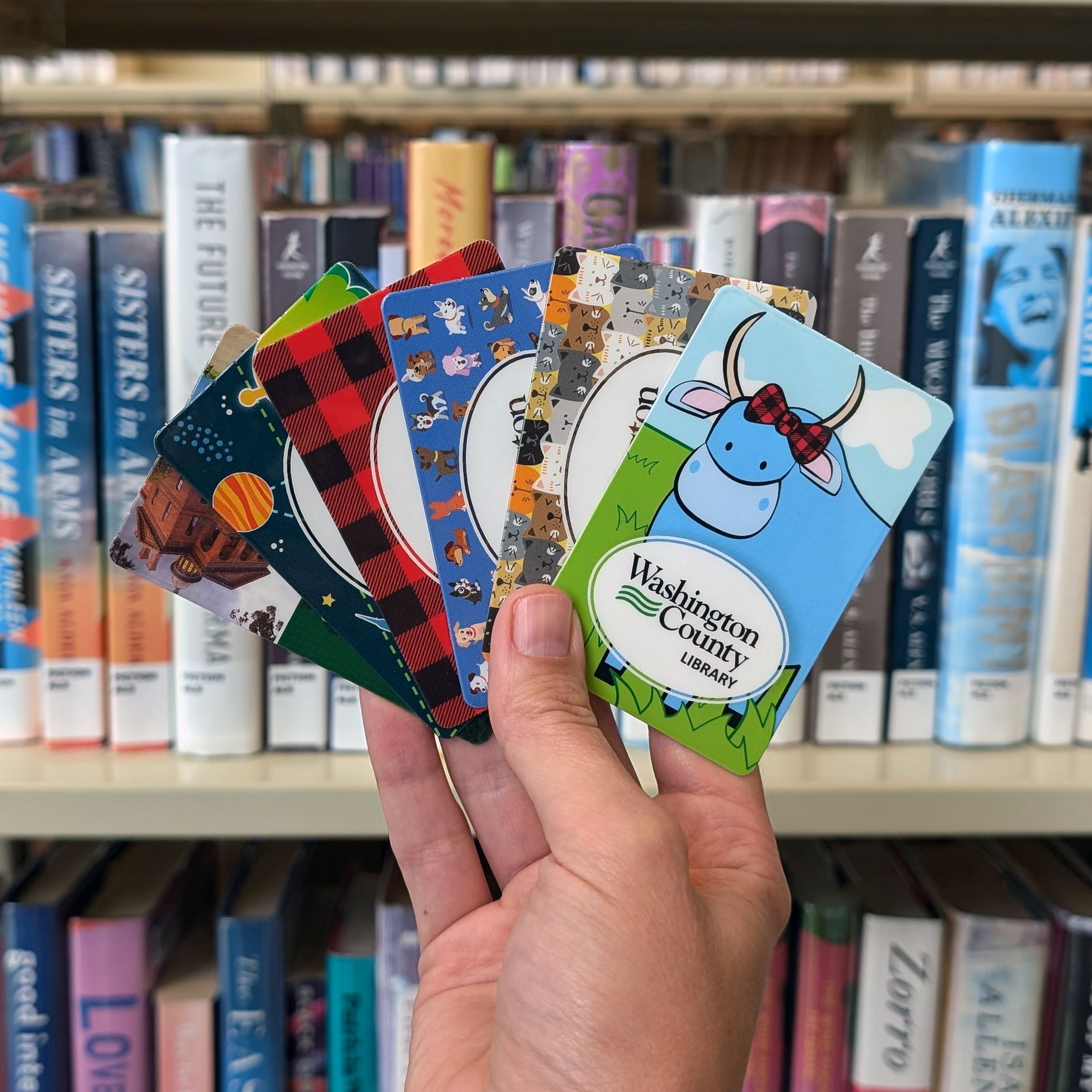 Hand holding a fan of all WashCoLib library card designs
