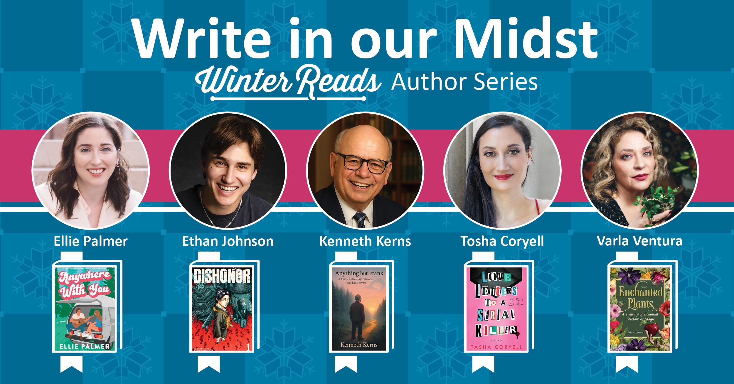 Promotional banner for Write in our Midst Winter Reads Author Series featuring authors