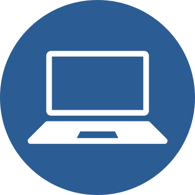 Blue circle with a white graphic of a laptop computer