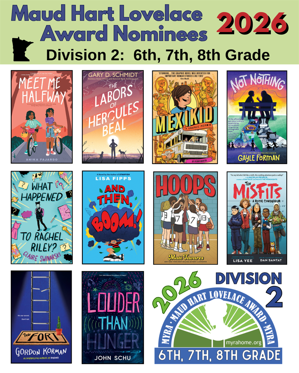 2026 Maud Hart Lovelace Division 2 nominees book covers